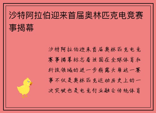 沙特阿拉伯迎来首届奥林匹克电竞赛事揭幕