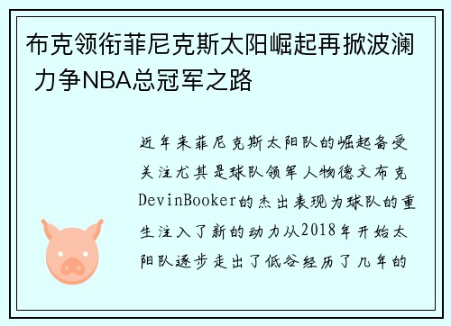 布克领衔菲尼克斯太阳崛起再掀波澜 力争NBA总冠军之路